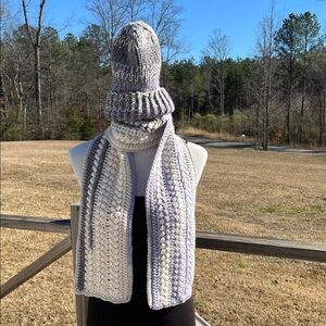 Hand Crafted Gray and White Scarf and Hat Set